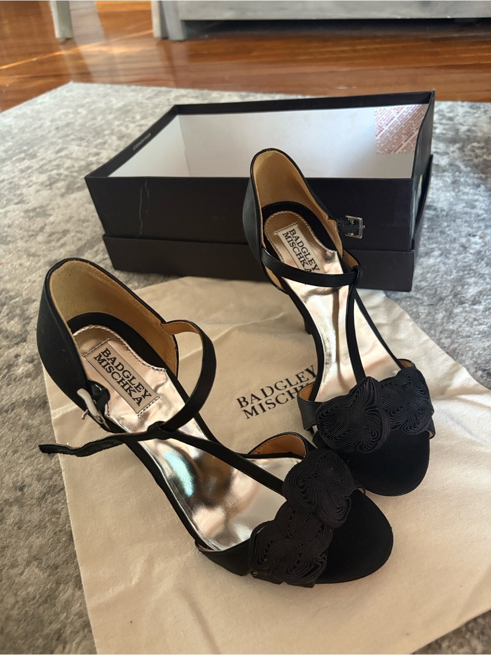 Badgley Mischka Black Floral T-Strap Evening Heels
